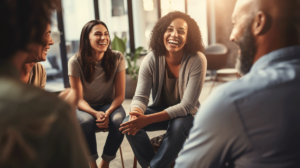 people smiling in group therapy while participating in a substance abuse intensive outpatient program